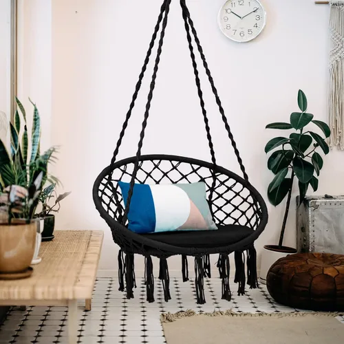 Vista 6 de Giantex - Silla hamaca de macramé con cojín y kit de herramientas, color negro Capacidad de peso de 330 libras, silla colgante