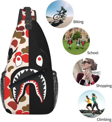 Vista 6 de Mochila bandolera, bolso de hombro de camuflaje de tiburón, bolso cruzado unisex, adecuado para viajes al aire libre, senderismo, senderismo