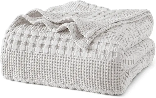 Vista 53 de PHF Manta ligera de punto gofre 100% algodón para cama, King, color blanco 02 Blanco