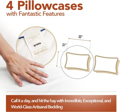Vista 6 de TEXAS LINEN CO. Juego de 4 fundas de almohada tamaño queen de 100% algodón egipcio - Fundas de almohada de lujo de 600 hilos tamaño queen/estándar