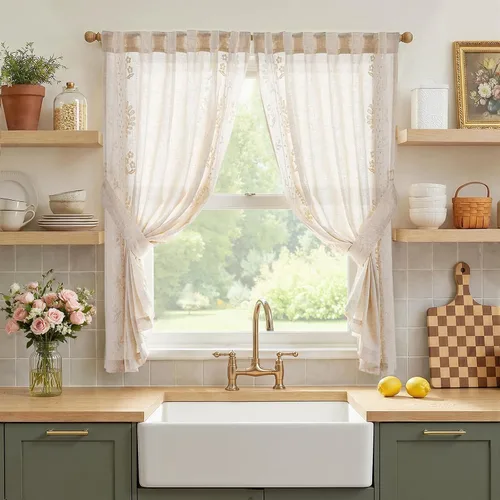 Vista 10 de jinchan Cortinas de lino floral beige para cocina, 24 pulgadas, 2 paneles A Beige