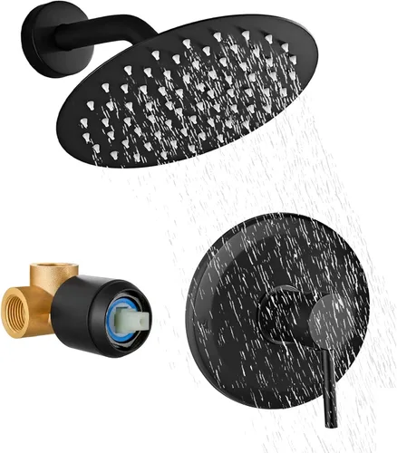 Vista 10 de Juego de llave de ducha HUCKLE con cabezal de ducha, llave de ducha negra de 15 cm con válvula, cabezal de ducha de lluvia de mango único negro mate