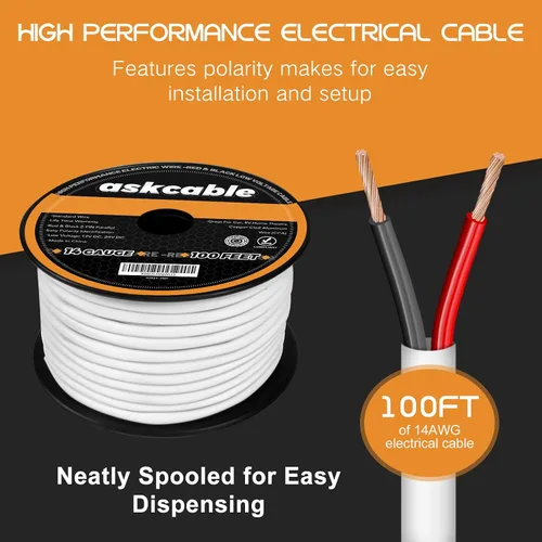 Vista 5 de Askcable 14/2 AWG 100 pies Cable Eléctrico 14 Calibre 100 pies 2 Conductores Cable de Altavoz CL2 Calificado Cable de Altavoz de Funda Blanca