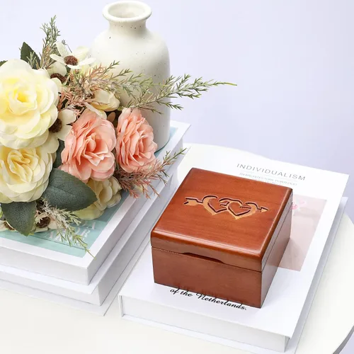 Vista 7 de STARSWR Caja de soporte de anillos, caja de anillos para ceremonia de boda, regalo para mujeres, caja decorativa de madera con tapas, anillos caja