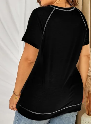 Vista 10 de Eytino Blusas de talla grande para mujer, cuello en V, manga corta, a rayas, casual, holgada, con bolsillo (1X-5X)