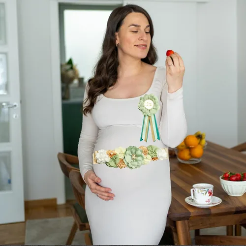 Vista 5 de Juego de 3 bandas de maternidad para baby shower, diseño de flores verdes, cinturón de vientre para mamá niña, banda de embarazo, fajas de embarazo