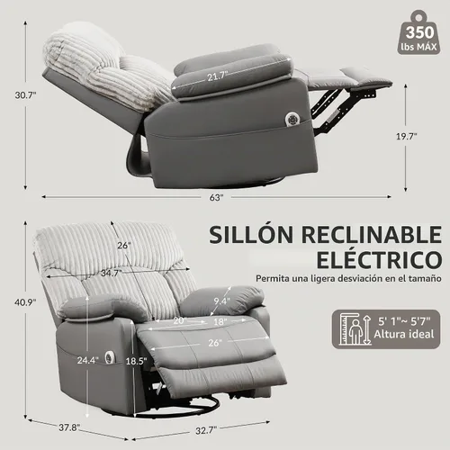 Vista 2 de Mecedora giratoria reclinable eléctrica con masaje y calor, balancín Gris