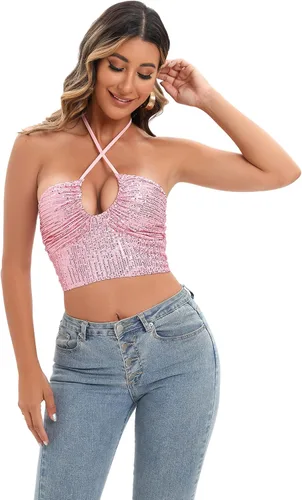 Vista 5 de ELQUCHOU Women Going Out Shiny Sexy Cute Metallic Sequin Crop Top Lace Up Halter