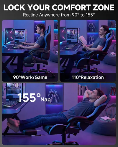 Vista 5 de GTPLAYER Silla de juegos para adultos, silla ergonómica para juegos de computadora con reposapiés, altura ajustable, reclinación de 90-155° y Azul