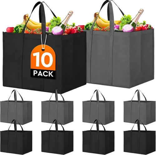 Vista 17 de WISELIFE Bolsas de compras reutilizables para comestibles, paquete de 10 bolsas grandes plegables a granel, con asa larga para compras de Negro