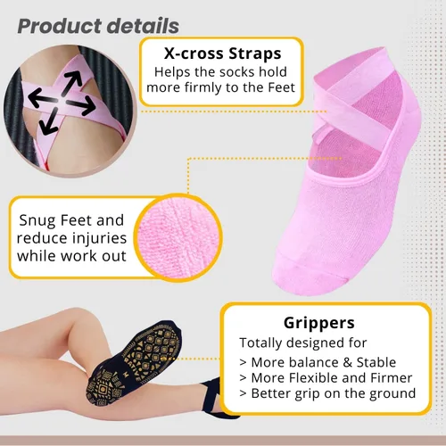 Vista 3 de RATIVE X-Cross Straps Anti Slip Non Skid Barre Yoga Pilates Hospital Socks with grips for Mens Womens