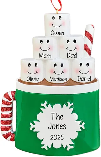 Vista 11 de Adorno de Navidad personalizado de familia de 3 de chocolate caliente 2026 Malvaviscos personalizados en taza de cacao con bastón de caramelo