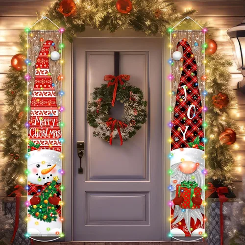 Vista 7 de Irenare Decoraciones de Pancarta de Navidad Iluminada con Luz LED Feliz Navidad Letrero de Porche Frontal Muñeco de Nieve Gnomo Pancarta Colgante