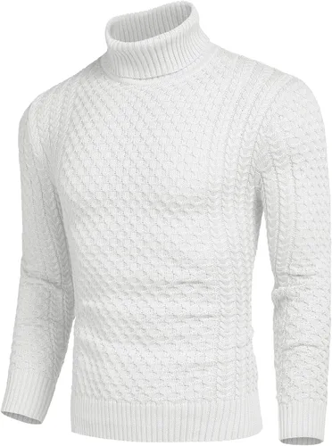 Vista 2 de COOFANDY Suéter de cuello alto ajustado para hombre, suéter de punto trenzado casual sólido