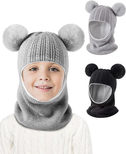 Vista 2 de Conjunto de 2 gorros de invierno para bebé, gorro para niño con calentador de cuello, gorro de punto cálido para clima frío Negro y gris