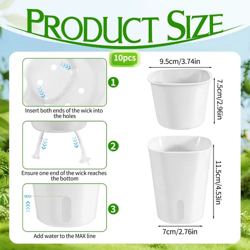 Vista 2 de 10 juegos de macetas de riego automático de 4 pulgadas para plantas de interior, macetas de plástico con riego automático con nivel visual de agua