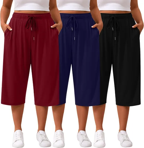 Vista 19 de Paquete de 3 pantalones capri de talla grande para mujer, ajuste holgado, pierna ancha, pantalones recortados para yoga, descanso, entrenamiento
