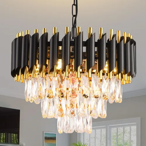 Vista 13 de Candelabro de cristal moderno dorado de 5 niveles para sala de estar, lámpara de araña grande de cristal negro, lámpara colgante de techo