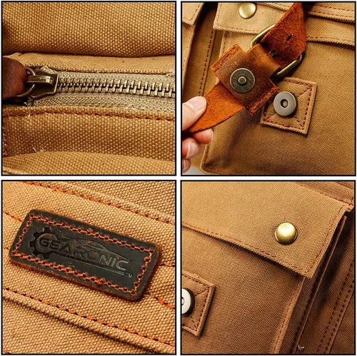 Vista 6 de Bolsa de mensajero para portátil vintage, de lona, de cuero, bandolera, bolso de hombro para computadora, viaje, oficina, bolso de mensajero