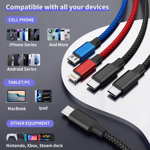 Vista 2 de 4-IN-1 USBC Multi Charging Cable, 5FT Phone Charger Cord Travel Essentials Universal Charger with 2xType-C/L/Micro USB Ports, Braided Travel