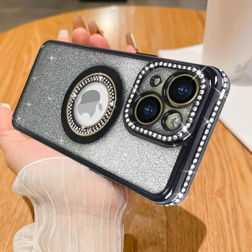 Vista 8 de Losin Funda magnética compatible con iPhone 15 Pro Max con purpurina compatible con MagSafe Funda de lujo con diamantes de imitación con logotipo