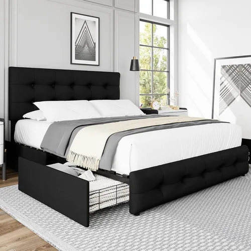 Vista 8 de TTVIEW Base de cama de tamaño completo con 4 cajones de almacenamiento y cabecera ajustable, cama plataforma tapizada con diseño de botones
