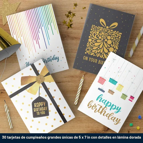 Vista 2 de Dessie 30 tarjetas únicas de feliz cumpleaños 5x7 - Tarjetas de cumpleaños a granel con lámina dorada con mensaje en el interior. 32 sobres blancos