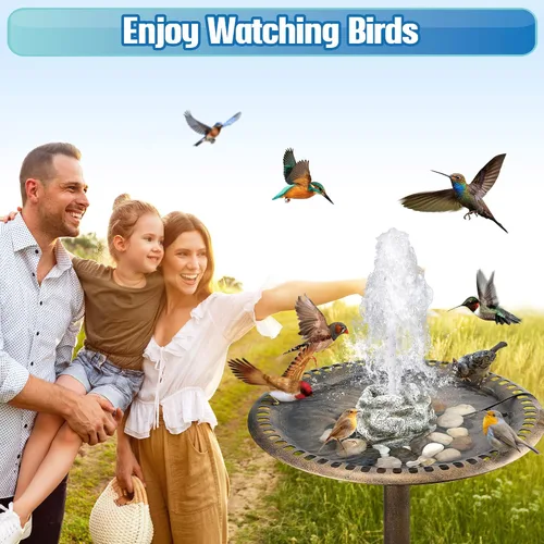 Vista 6 de Fuente de baño para pájaros, fuentes de agua de baño de pájaros con bomba de agua de 7 W, fuente de agua de granito de resina de musgo gris, cascada