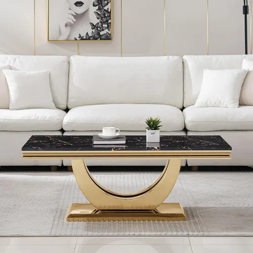 Vista 4 de Mesa de centro de 47 pulgadas de mármol negro con base en forma de U de acero inoxidable espejado, mesa central de parte superior rectangular