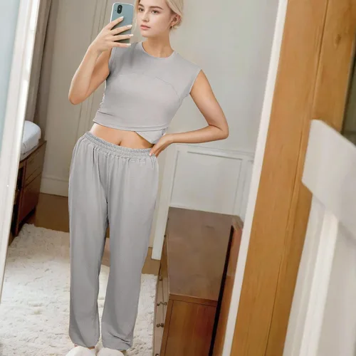 Vista 2 de Conjunto deportivo de dos piezas para mujer, conjunto de entrenamiento atlético casual, tops recortados, pantalones de pierna ancha, pantalones