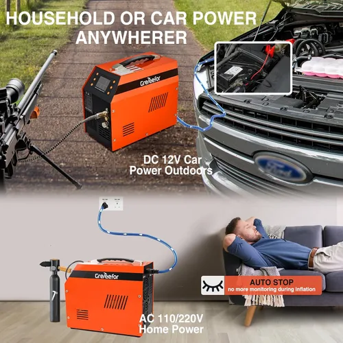 Vista 6 de Compresor de aire PCP 4500 PSI / 30 MPa, motor de 350 W, pantalla LCD, parada automática, sin agua/aceite, adaptador integrado de 600 W, 12 V CC
