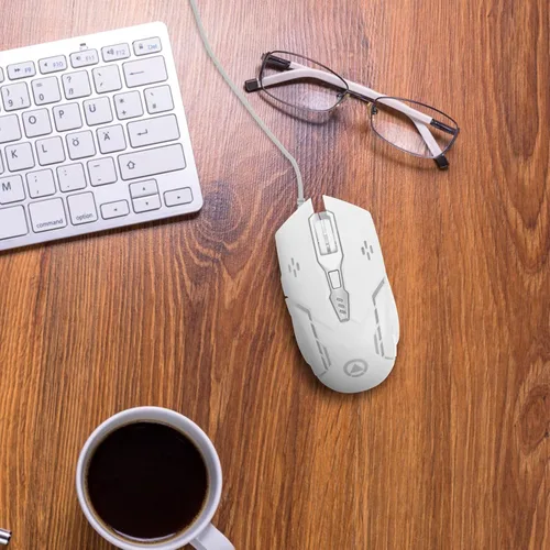 Vista 5 de Ratón para juegos con cable USB para computadora portátil y PC, mouse mecánico silencioso de 6 botones con iluminación RGB, color blanco, periférico