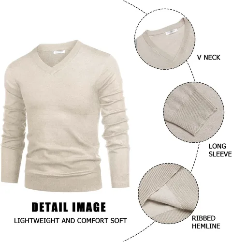 Vista 5 de COOFANDY Suéter de vestir con cuello en V para hombre, manga larga, ajustado, suéter de moda