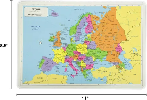 Vista 5 de Painless Learning Manteles individuales educativos para niños, juego de mapas laminados del mundo y Europa, de dos caras, carpeta de 3 anillas