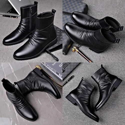 Vista 3 de Botines de vestir de cuero negro para hombre, botas cortas casuales de negocios con cremallera para otoño e invierno 2023