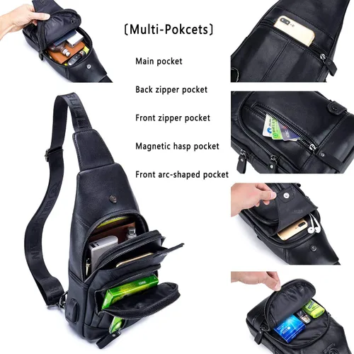 Vista 3 de BULLCAPTAIN Bolso bandolera de cuero para hombre, bolso cruzado de hombro casual, mochilas de viaje, senderismo, mochila con puerto de carga USB