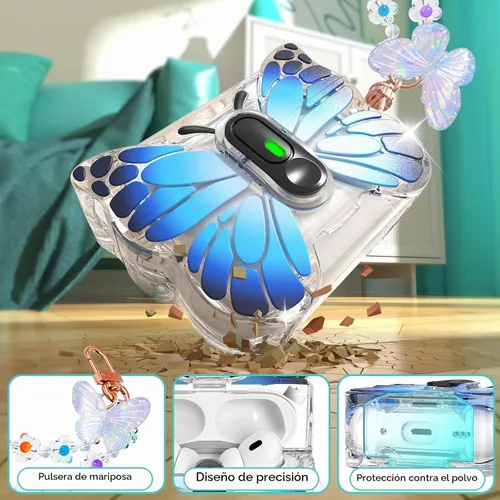 Vista 5 de R-fun Funda para AirPods Pro 2 Butterfly Artistry - Tapa desplegable automática y función de soporte, protección de grado militar de 360°