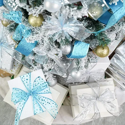 Vista 3 de MEEDEE Cinta de Navidad turquesa de 2.5 pulgadas, 6 rollos, 36 yardas, azul y plateado para árbol de Navidad
