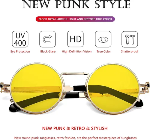Vista 4 de AIEYEZO Gafas de sol redondas Steampunk Circle Lennon Gafas de sol góticas marco de metal 100% lente de bloqueo UV