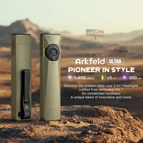 Vista 2 de OLIGHT Arkfeld Ultra - Linterna plana EDC de 1400 lúmenes, linterna de bolsillo compacta recargable que combina LED blanco, UV y haz verde, triple