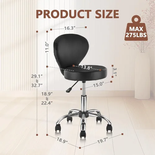 Vista 3 de KLASIKA Taburete giratorio ajustable con respaldo y ruedas, silla de escritorio de oficina multiusos, cojín de asiento grueso para el hogar, bar