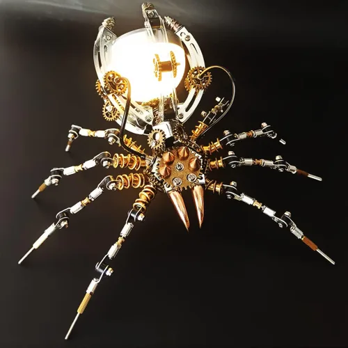 Vista 2 de Araña de rompecabezas de metal 3D con lámpara, kit de montaje para adultos, adornos de mesa