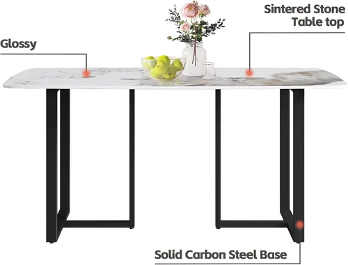 Vista 4 de Mesa de comedor moderna, mesa de comedor de piedra sinterizada blanca antigua con patas de mesa de acero al carbono negro, mesa de comedor Blanco