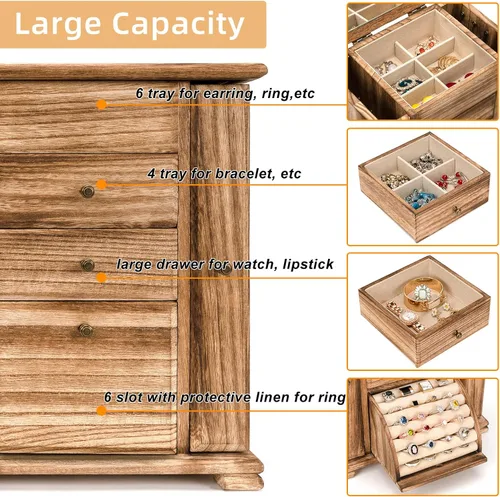 Vista 3 de Honiway Joyero para mujer con 6 compartimentos y espejo rústico de madera para collares pulseras aretes anillos regalos de cumpleaños