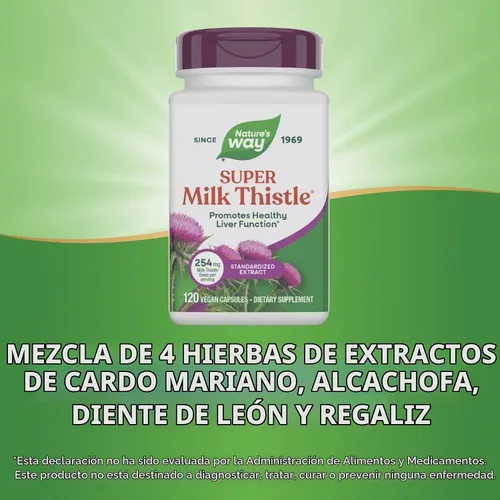 Vista 5 de Nature's Way Super Milk Thistle, promueve la función hepática saludable*, mezcla de 4 hierbas, vegano, 120 cápsulas