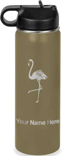 Vista 8 de LaserGram Botella de agua personalizada, flamenco, acero inoxidable de doble pared aislada al vacío con popote superior, regalo grabado