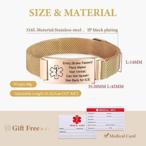 Vista 30 de VNOX Pulsera de identificación de alerta médica para hombres y mujeres, pulseras de alerta médica con grabado personalizado para mujeres y hombres