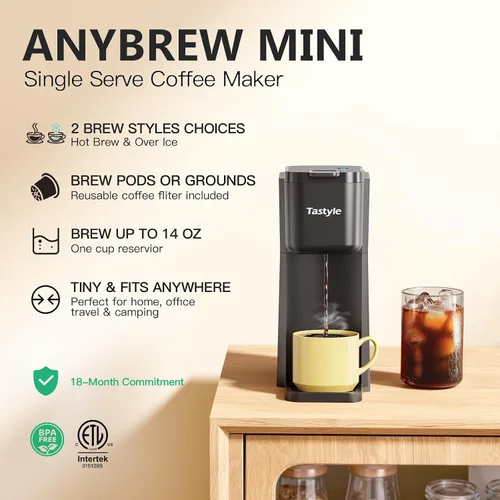 Vista 2 de Tastyle Mini Single Serve Hot and Iced Coffee Maker for K Cup and Ground Negro clásico
