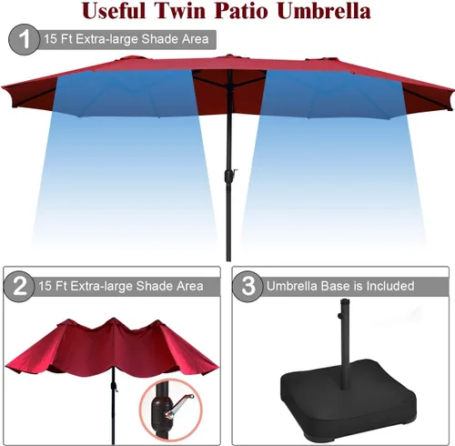 Vista 6 de Tangkula Paraguas de doble cara para patio de 15 pies con base, sombrilla de mercado extragrande para exteriores con manivela, base de sombrilla Vino