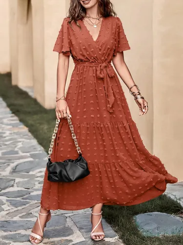 Vista 4 de MASCOMODA Vestidos largos bohemios de lunares suizos para mujer, cuello en V, manga corta, lazo en la cintura, línea A, vestidos largos fluidos